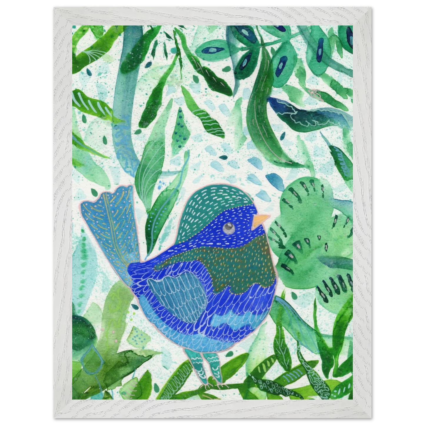 Blue bird among green botanical leaves — nature-inspired fine art print for nursery, therapy office or calming bedroom wall art