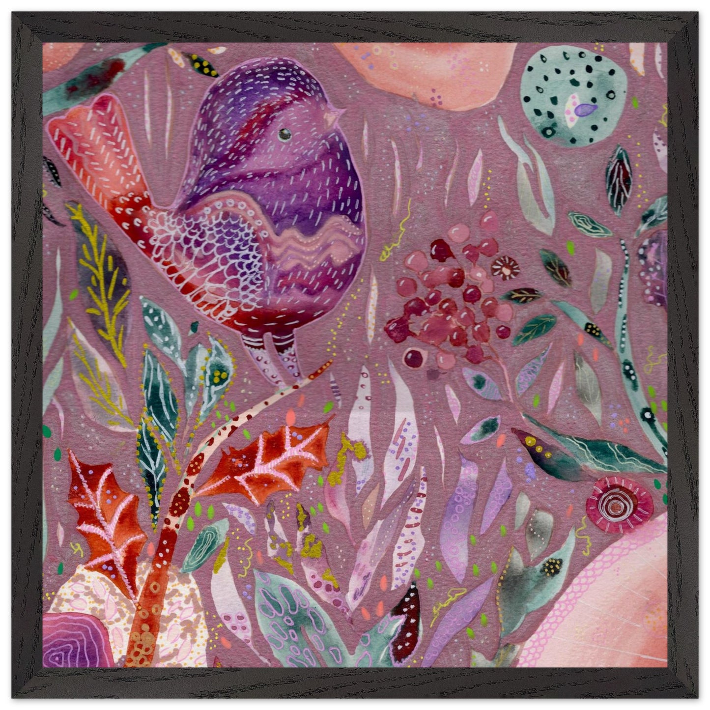 Framed whimsical purple bird in enchanted botanical garden — detailed mixed media fine art print for nursery, therapy office or calming bedroom wall art