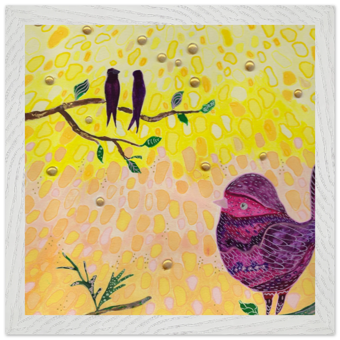 Whimsical bird art print in warm golden and pink tones — calming wall art for nursery, playroom or therapy office