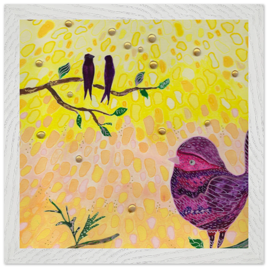 Whimsical bird art print in warm golden and pink tones — calming wall art for nursery, playroom or therapy office