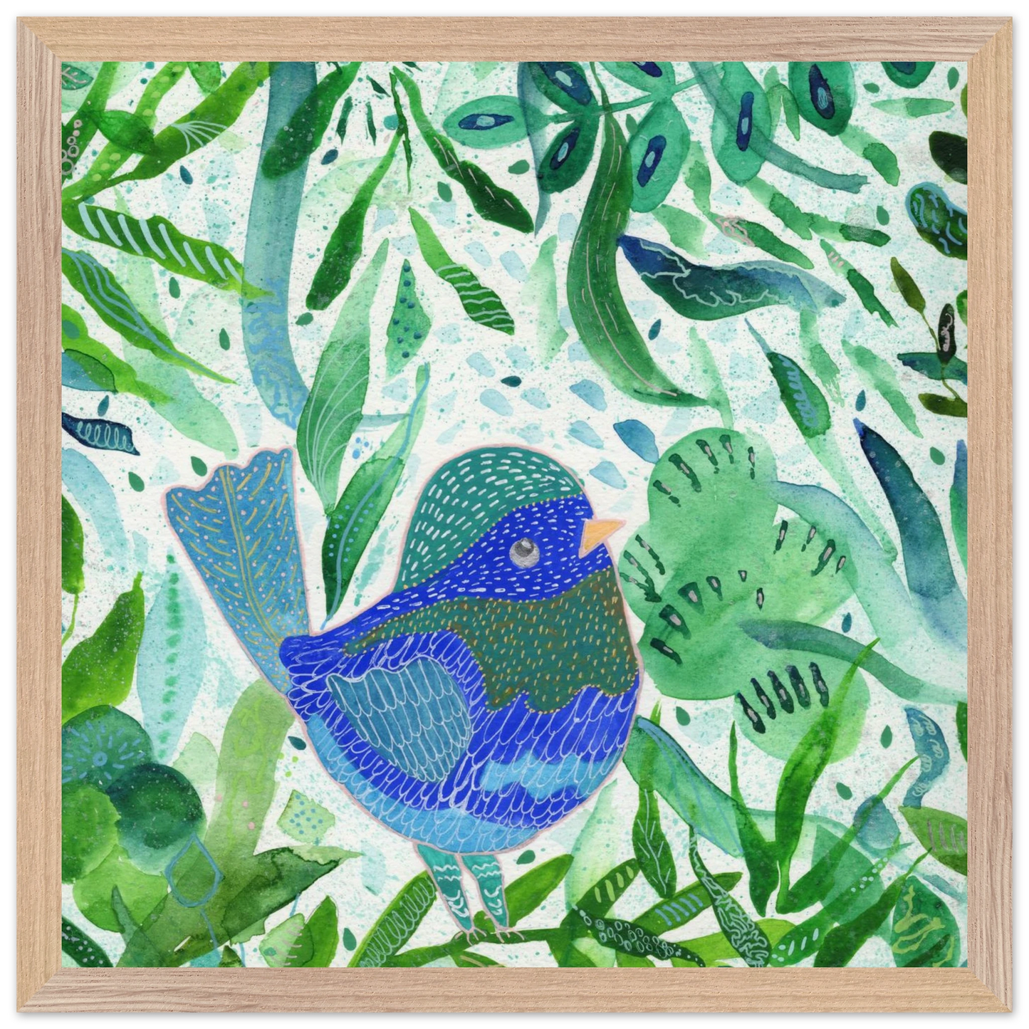 Blue bird among green botanical leaves — nature-inspired fine art print for nursery, therapy office or calming bedroom wall art