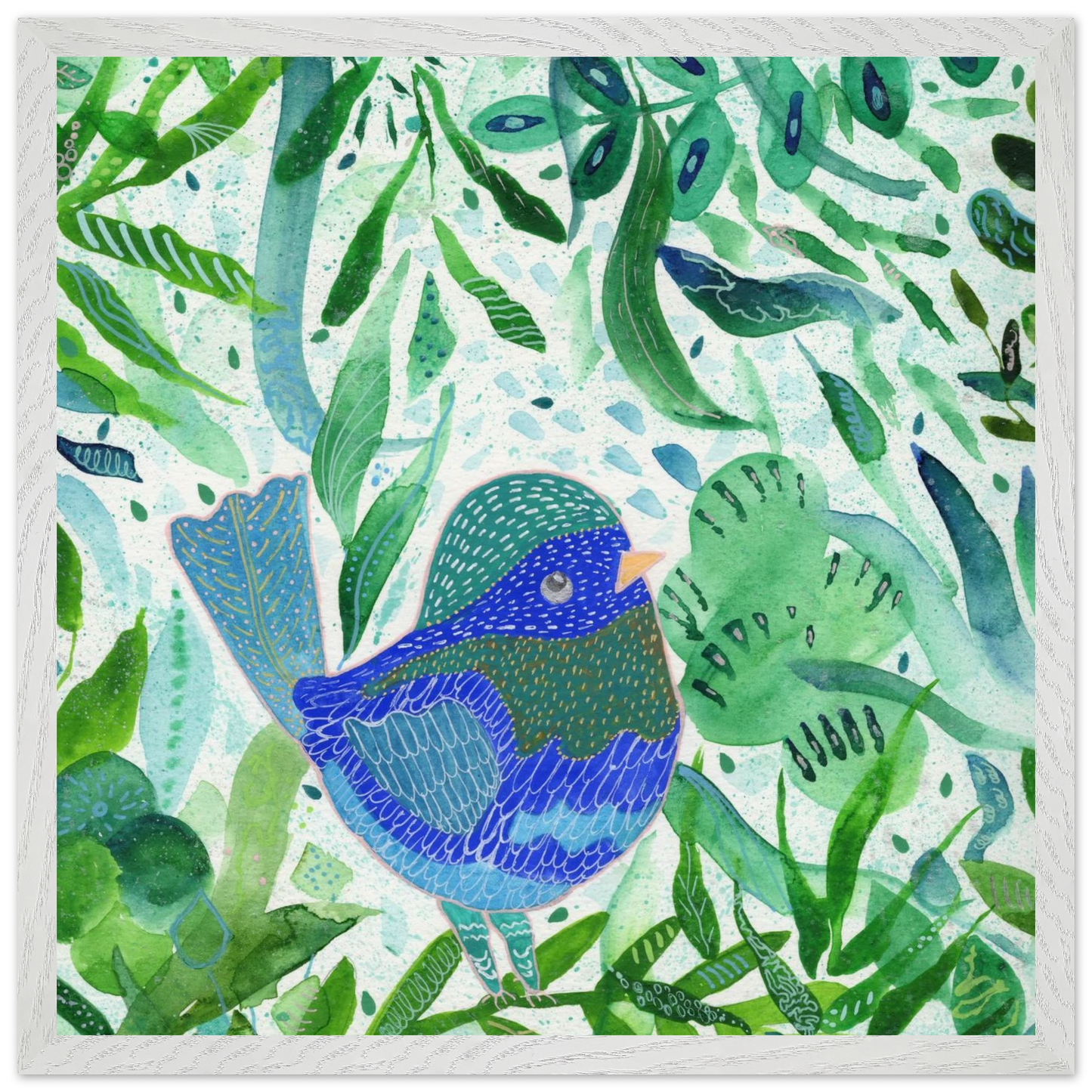 Blue bird among green botanical leaves — nature-inspired fine art print for nursery, therapy office or calming bedroom wall art