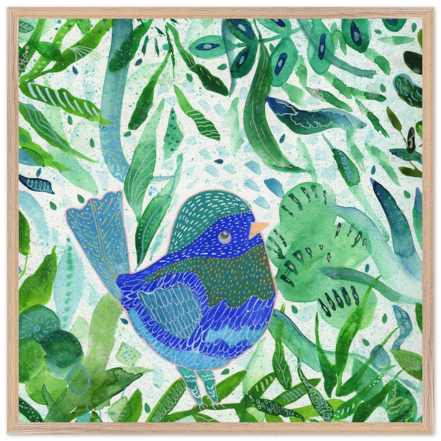 Blue bird among green botanical leaves — nature-inspired fine art print for nursery, therapy office or calming bedroom wall art