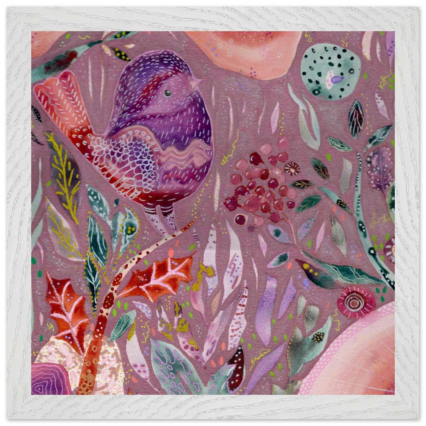 Framed whimsical purple bird in enchanted botanical garden — detailed mixed media fine art print for nursery, therapy office or calming bedroom wall art