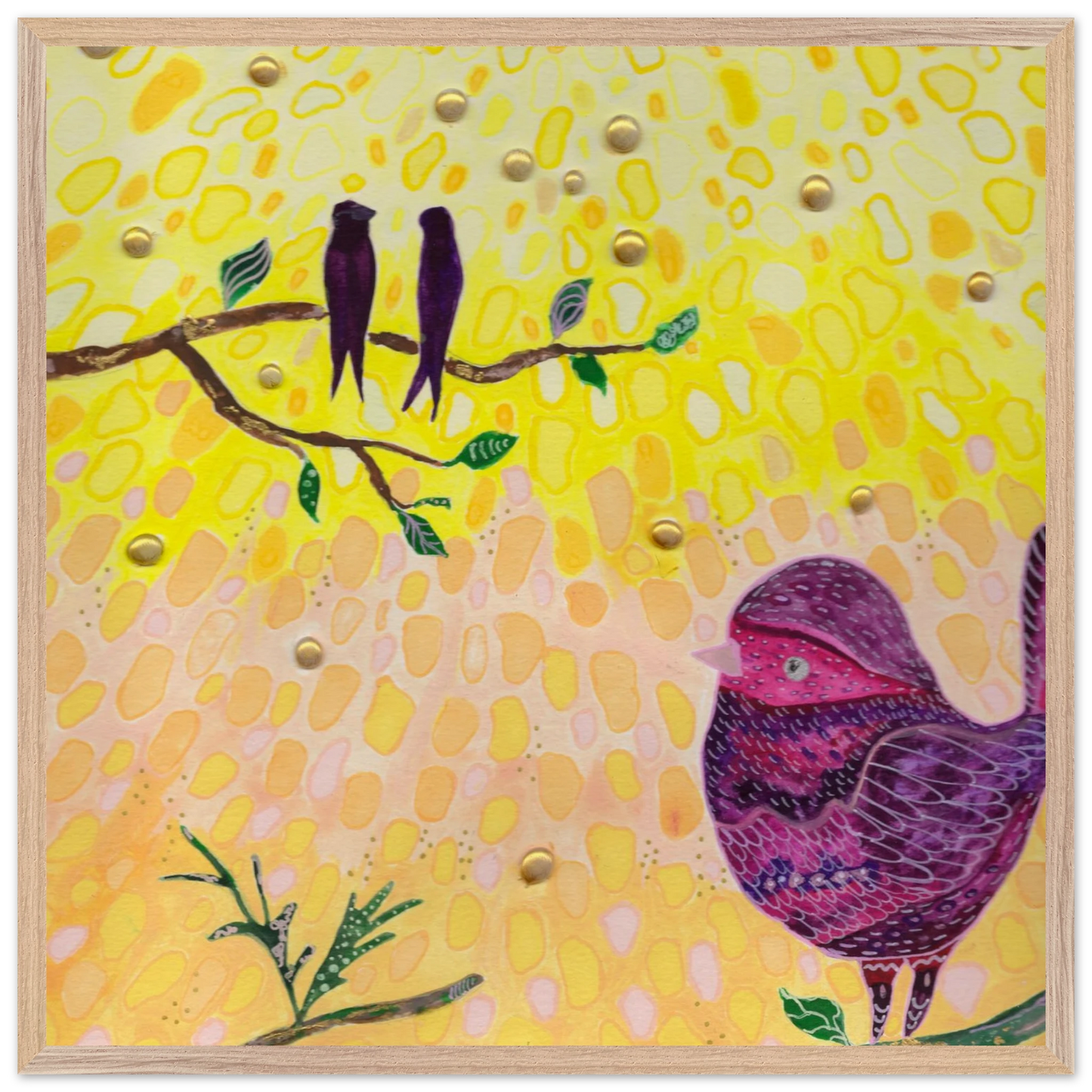 Whimsical bird art print in warm golden and pink tones — calming wall art for nursery, playroom or therapy office