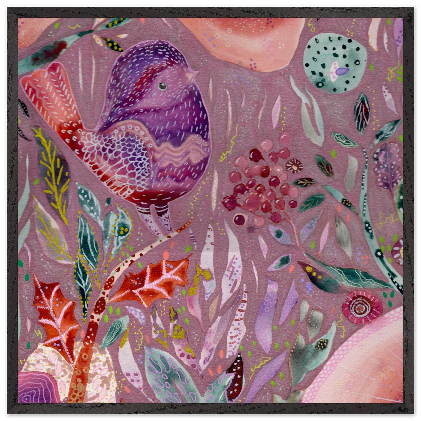Framed whimsical purple bird in enchanted botanical garden — detailed mixed media fine art print for nursery, therapy office or calming bedroom wall art