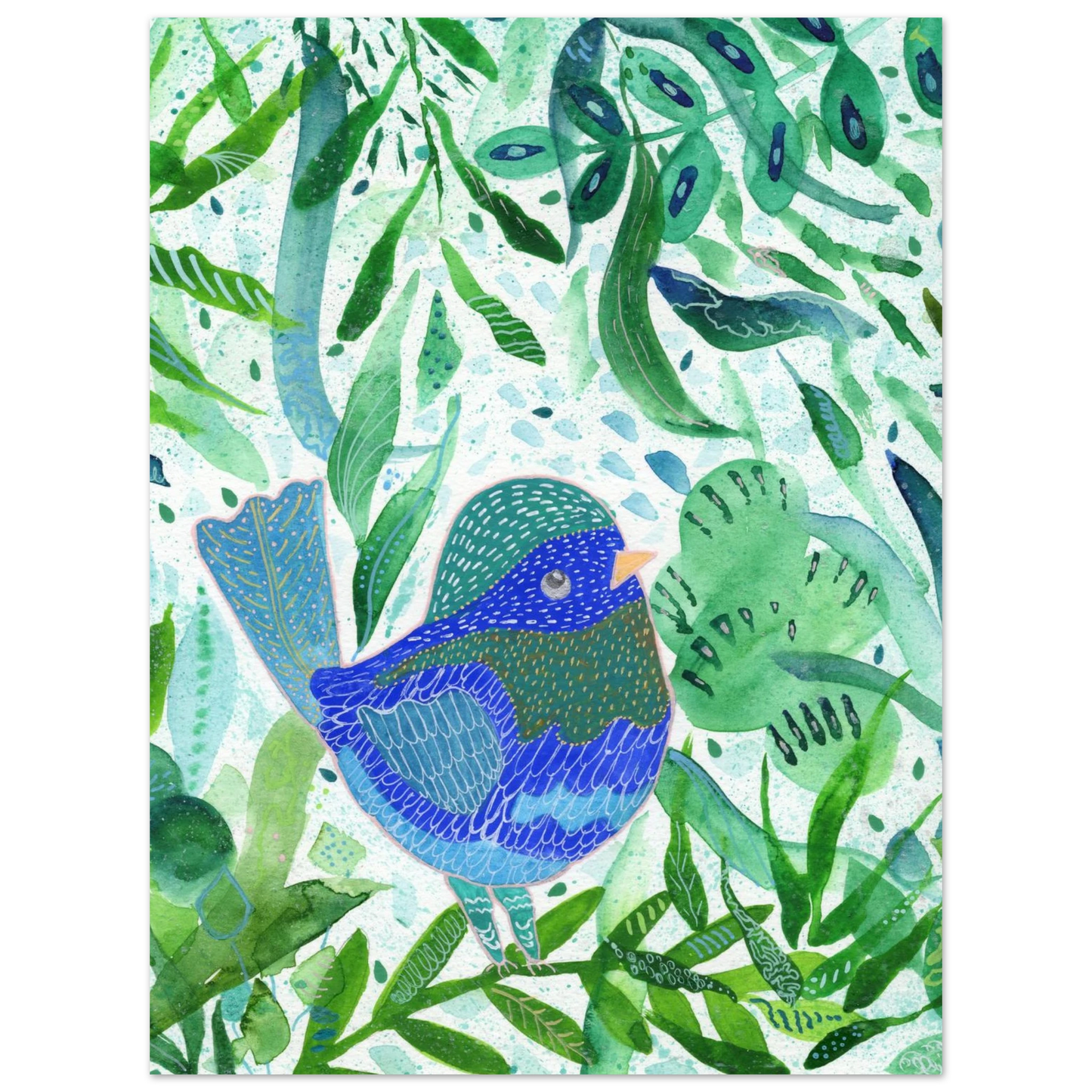 Blue bird among green botanical leaves — nature-inspired fine art print for nursery, therapy office or calming bedroom wall art