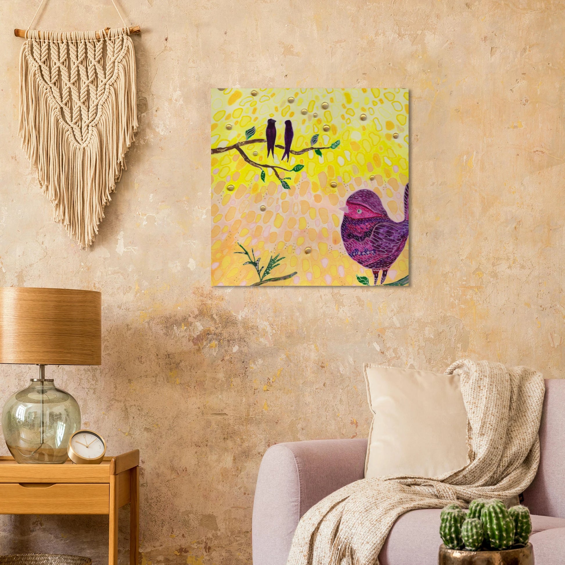 Whimsical bird art print in warm golden and pink tones — calming wall art for nursery, playroom or therapy office
