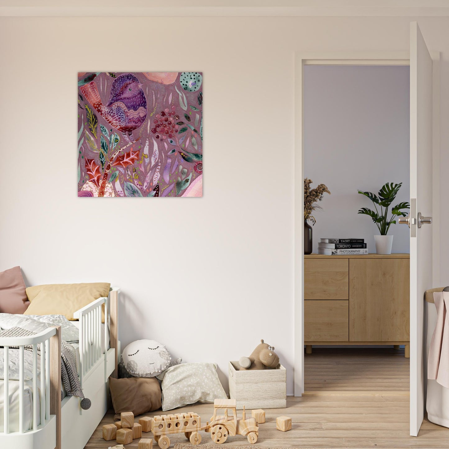 Framed whimsical purple bird in enchanted botanical garden — detailed mixed media fine art print for nursery, therapy office or calming bedroom wall art