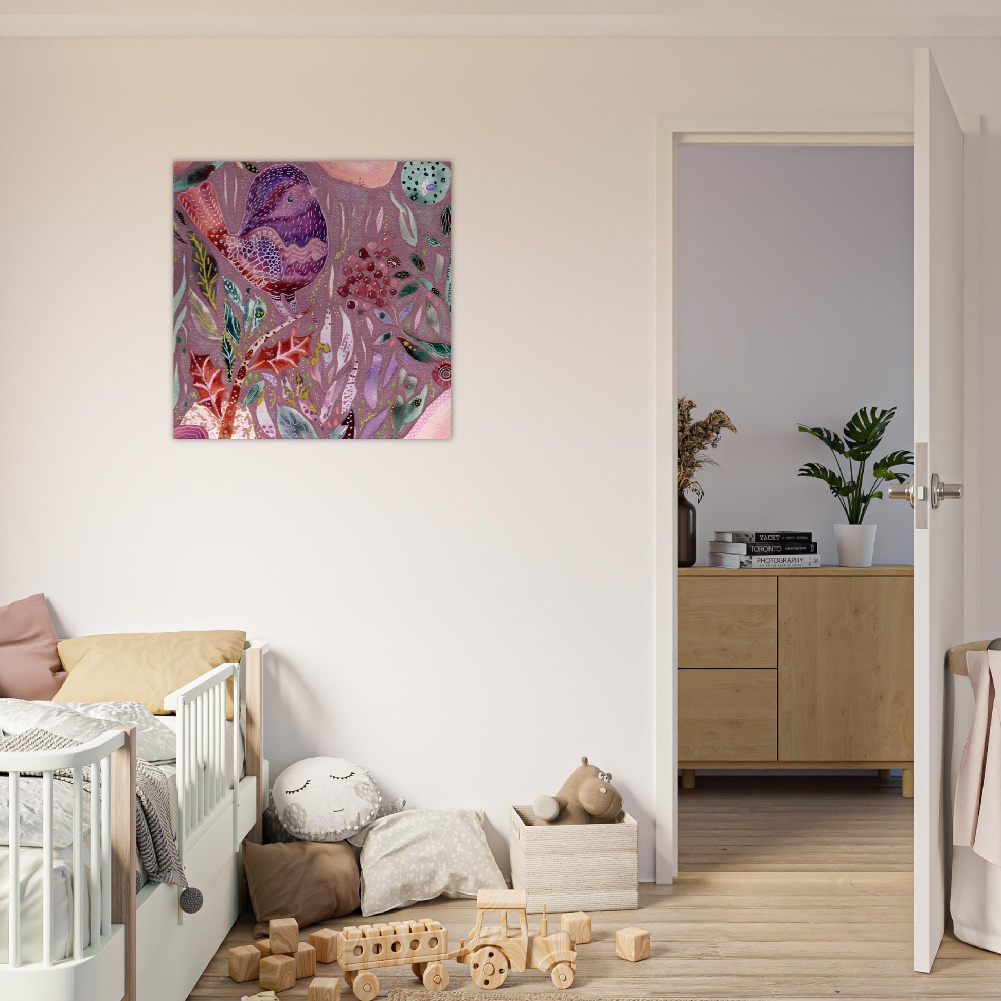 Framed whimsical purple bird in enchanted botanical garden — detailed mixed media fine art print for nursery, therapy office or calming bedroom wall art