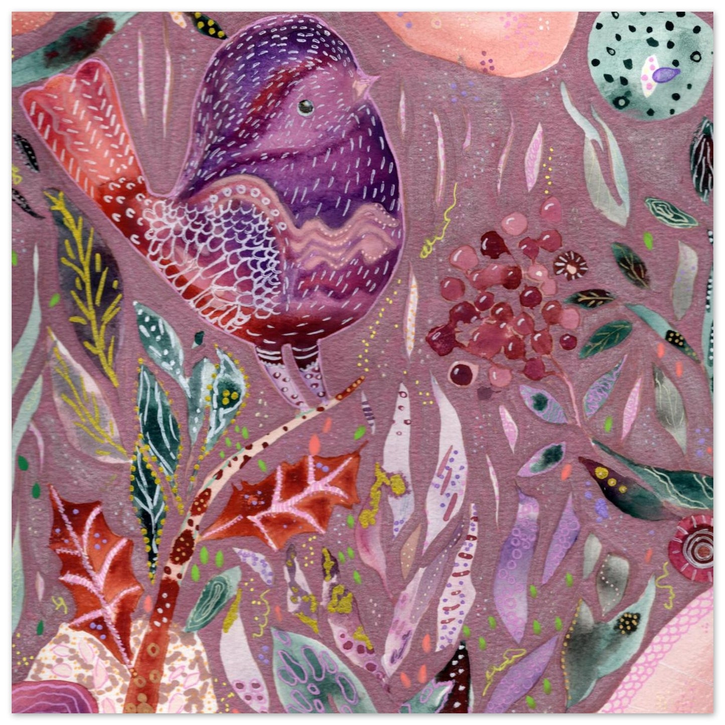 Framed whimsical purple bird in enchanted botanical garden — detailed mixed media fine art print for nursery, therapy office or calming bedroom wall art