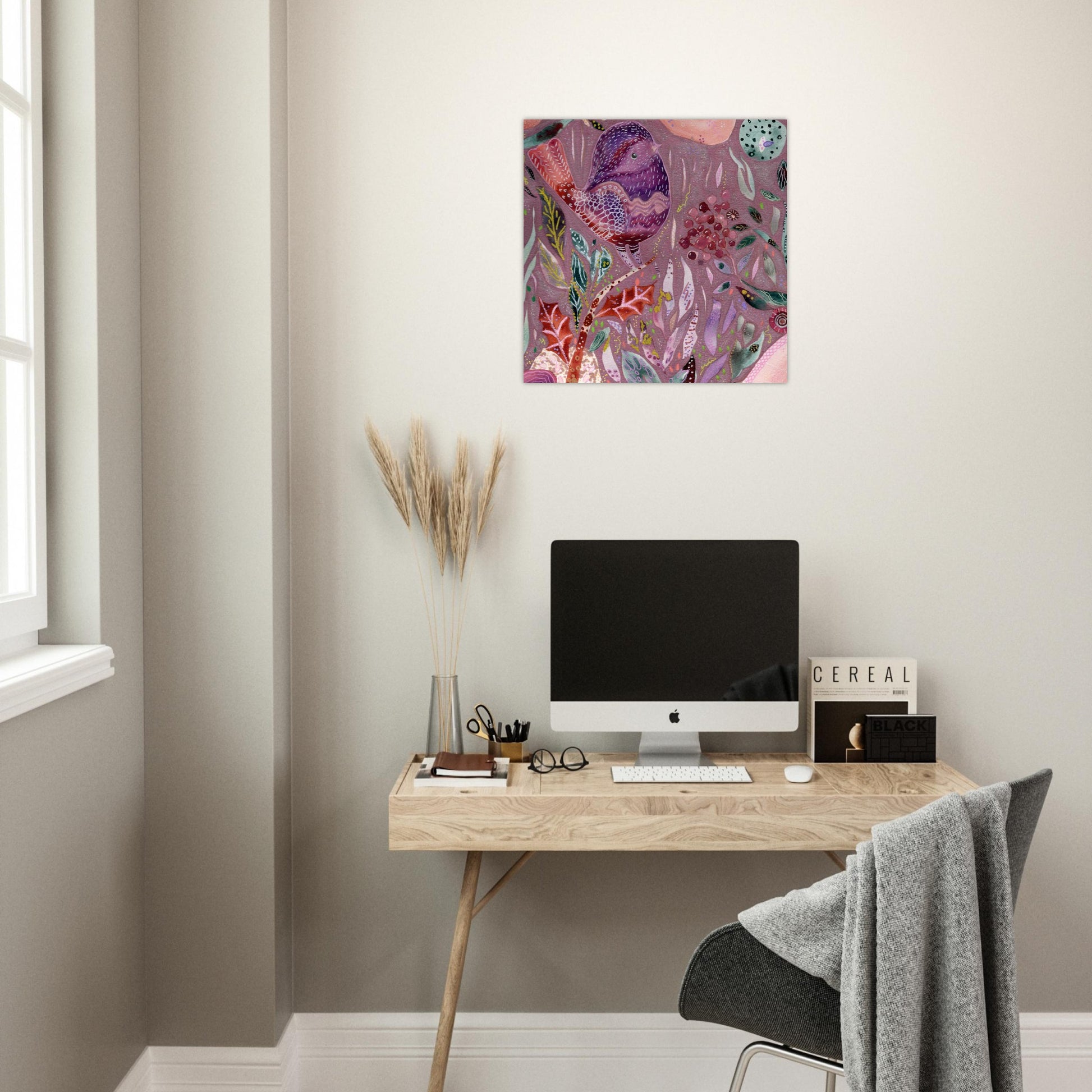 Framed whimsical purple bird in enchanted botanical garden — detailed mixed media fine art print for nursery, therapy office or calming bedroom wall art