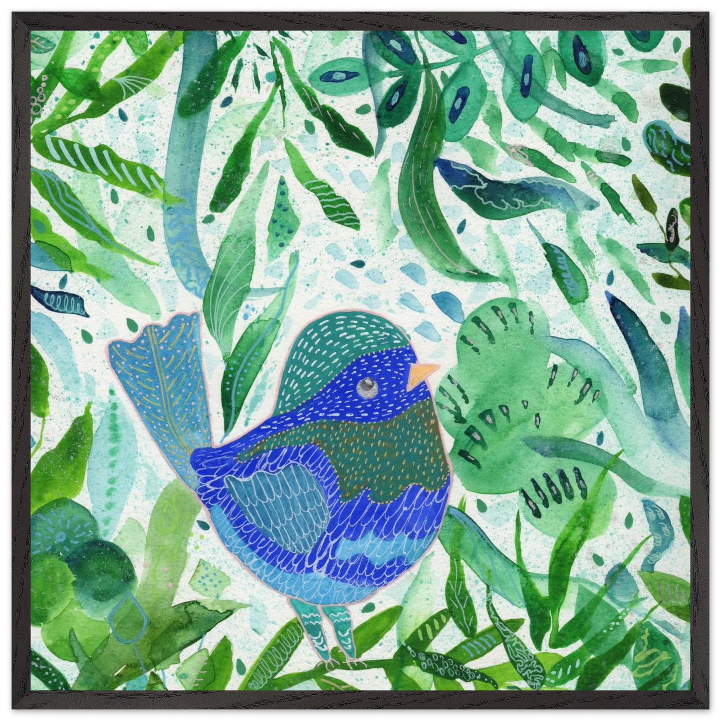 Blue bird among green botanical leaves — nature-inspired fine art print for nursery, therapy office or calming bedroom wall art