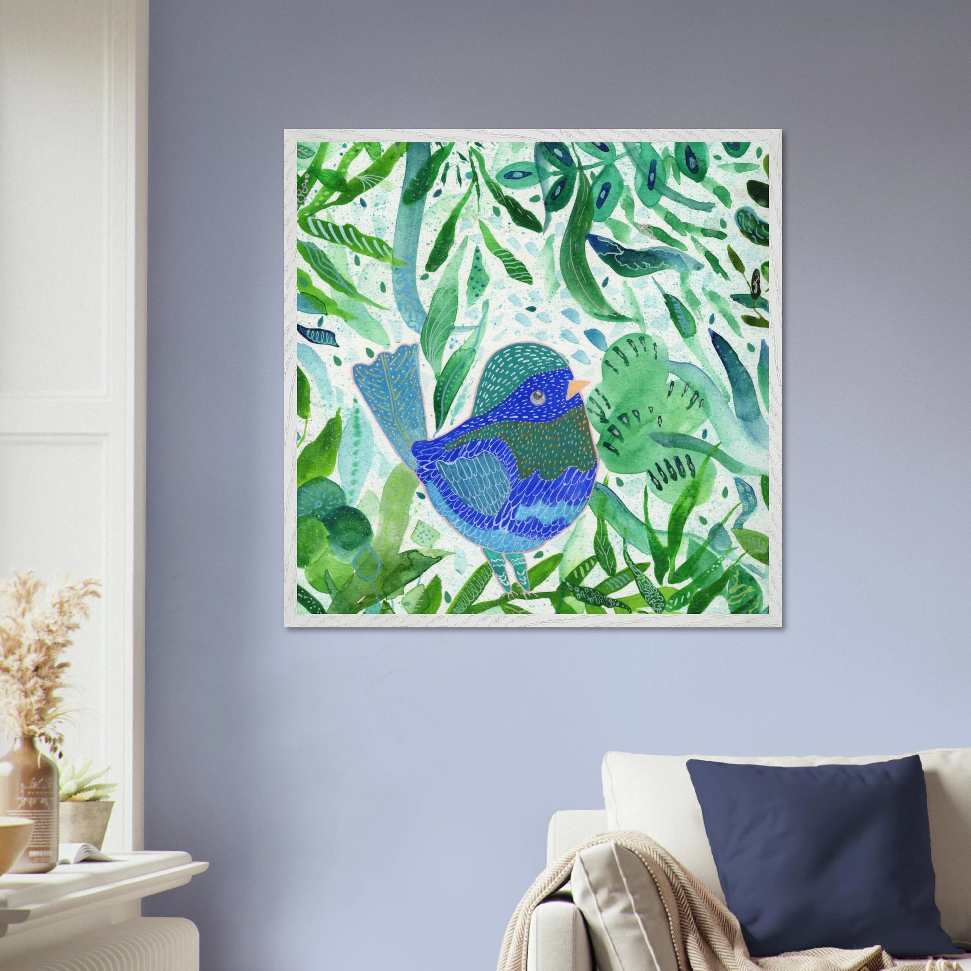 Blue bird among green botanical leaves — nature-inspired fine art print for nursery, therapy office or calming bedroom wall art