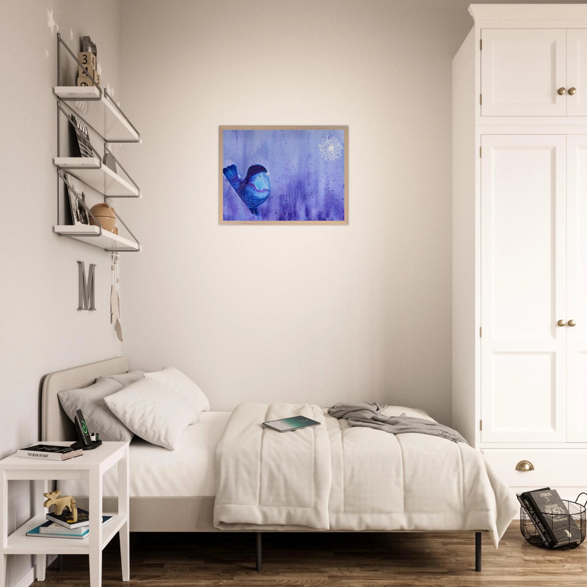 Nature-inspired fine art print featuring a delicate bird in soft botanical surroundings, created for nurseries, calming interiors, and meaningful gifting.