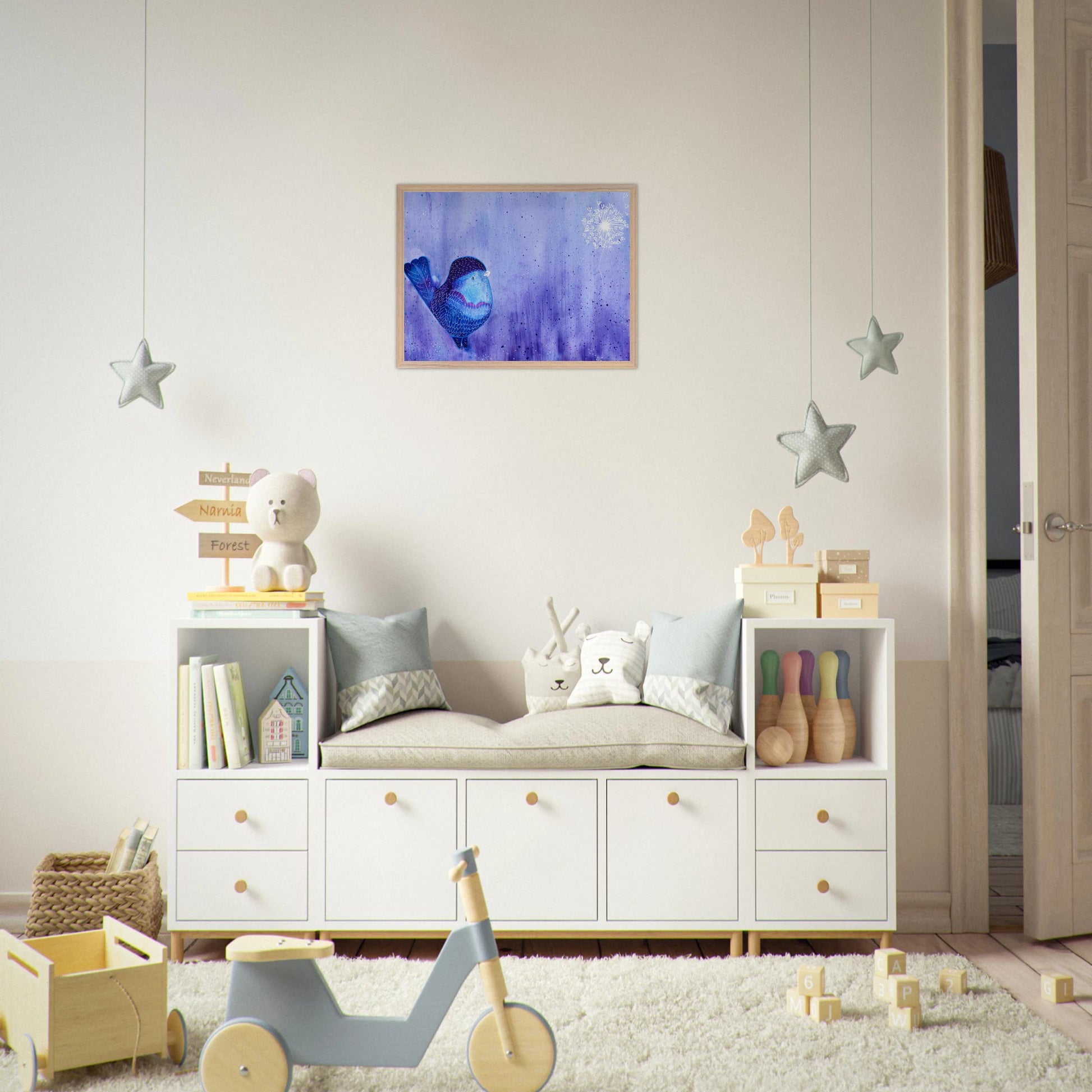 Nature-inspired fine art print featuring a delicate bird in soft botanical surroundings, created for nurseries, calming interiors, and meaningful gifting.