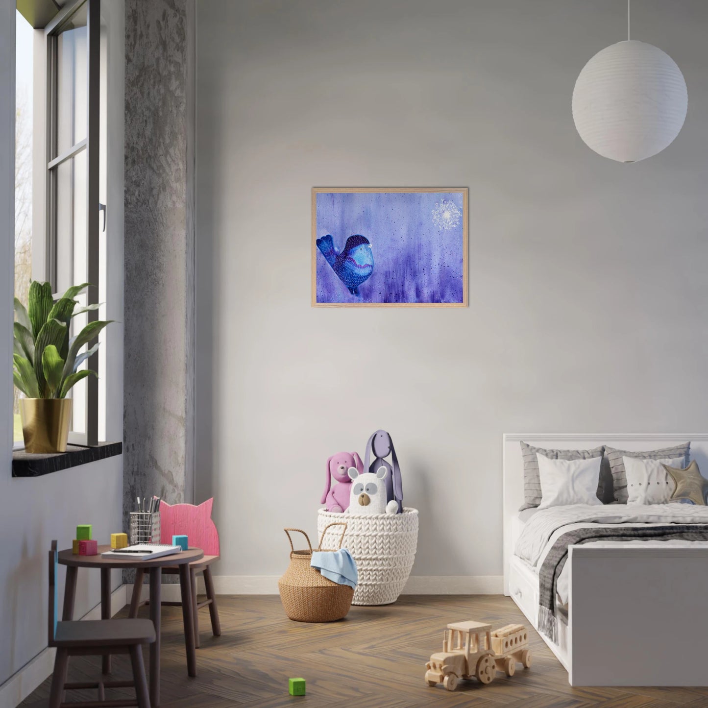 Nature-inspired fine art print featuring a delicate bird in soft botanical surroundings, created for nurseries, calming interiors, and meaningful gifting.