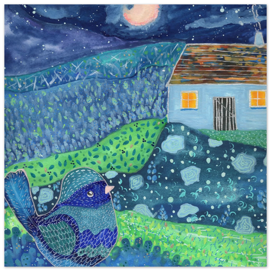 Whimsical bird coming home, warm-toned fine art print for nursery, baby room, play area wall art