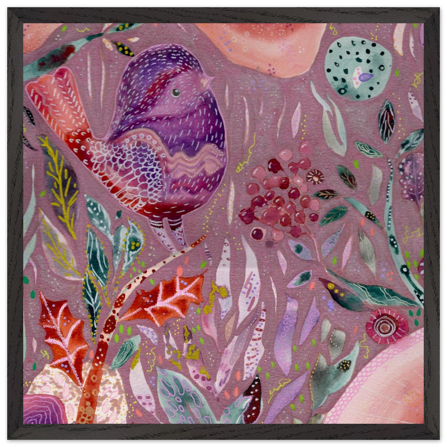 Framed whimsical purple bird in enchanted botanical garden — detailed mixed media fine art print for nursery, therapy office or calming bedroom wall art
