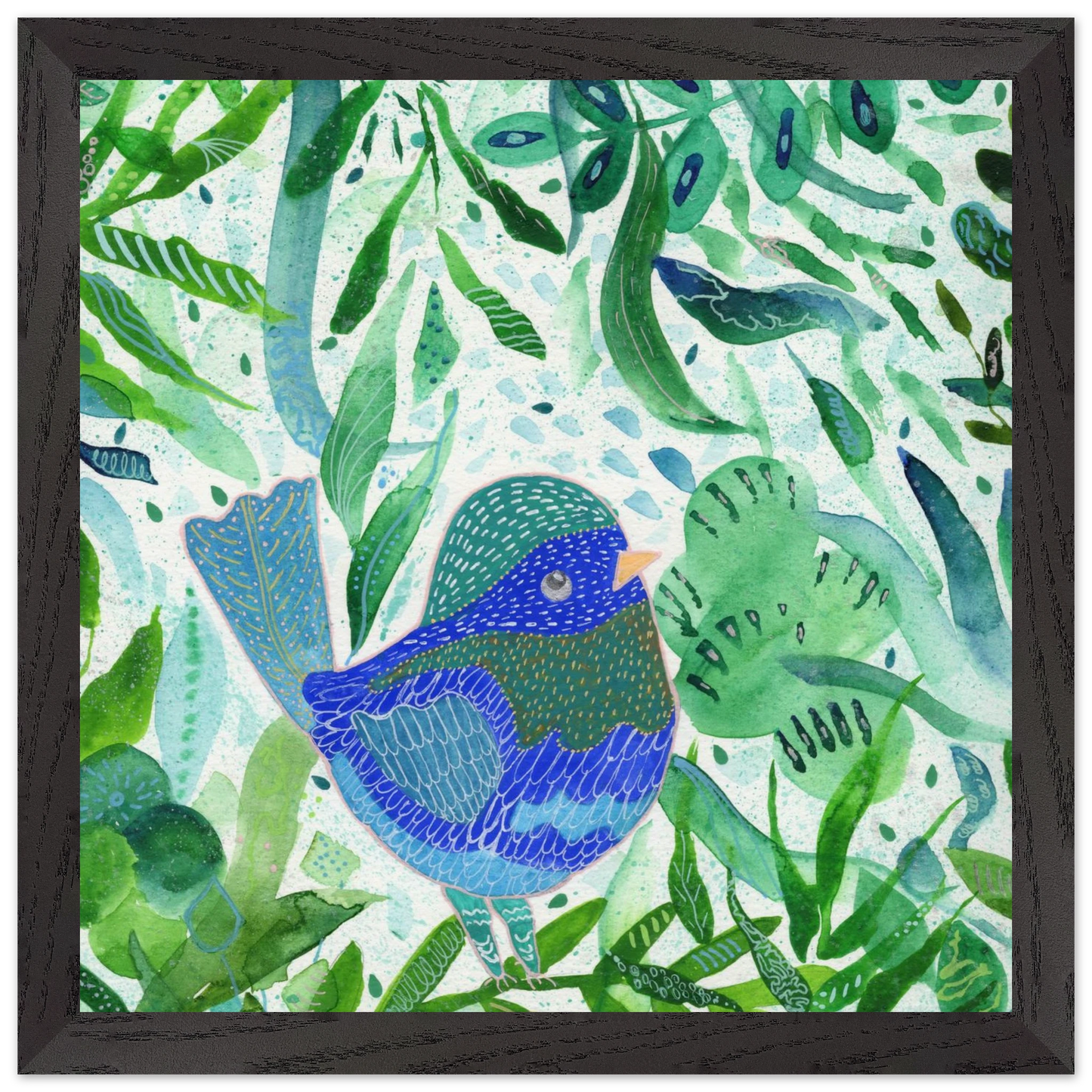 Blue bird among green botanical leaves — nature-inspired fine art print for nursery, therapy office or calming bedroom wall art