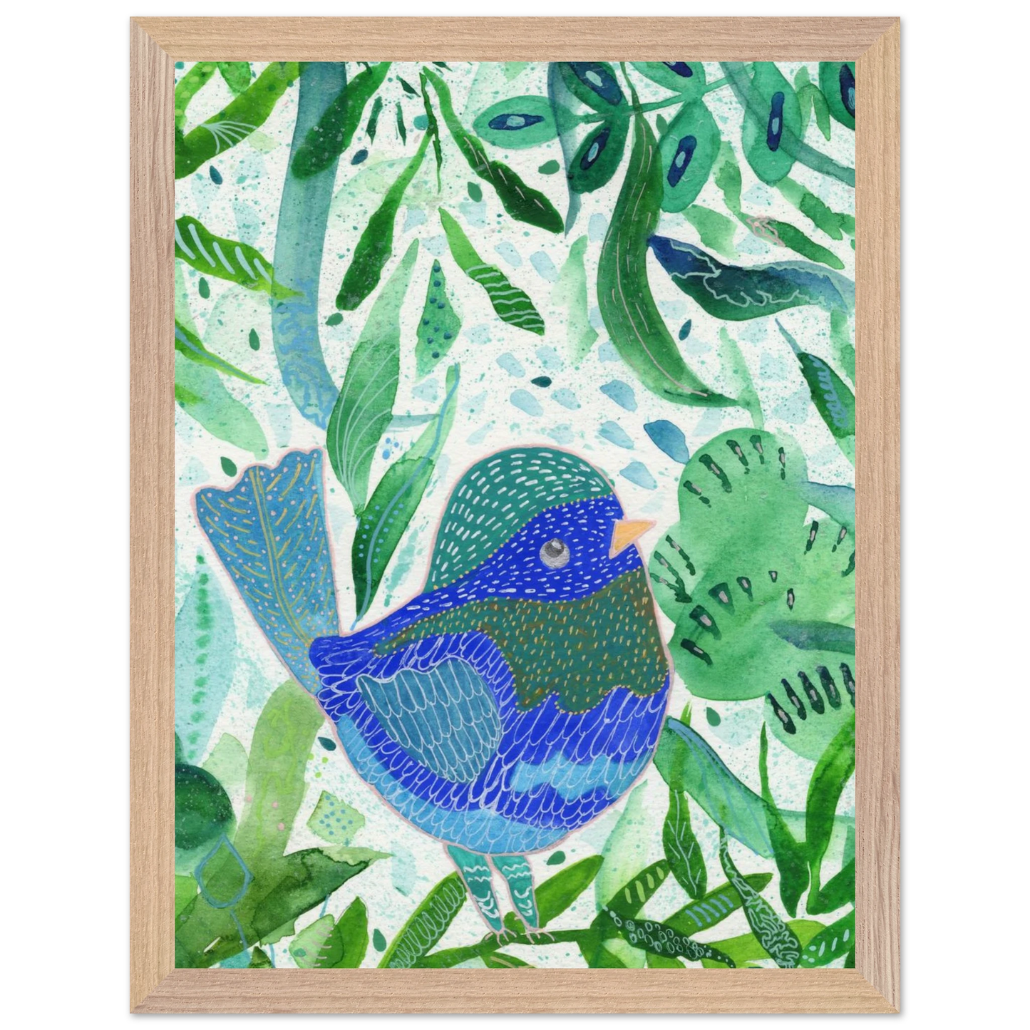 Blue bird among green botanical leaves — nature-inspired fine art print for nursery, therapy office or calming bedroom wall art