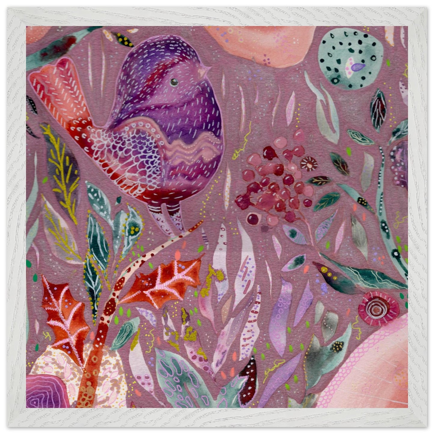 Framed whimsical purple bird in enchanted botanical garden — detailed mixed media fine art print for nursery, therapy office or calming bedroom wall art