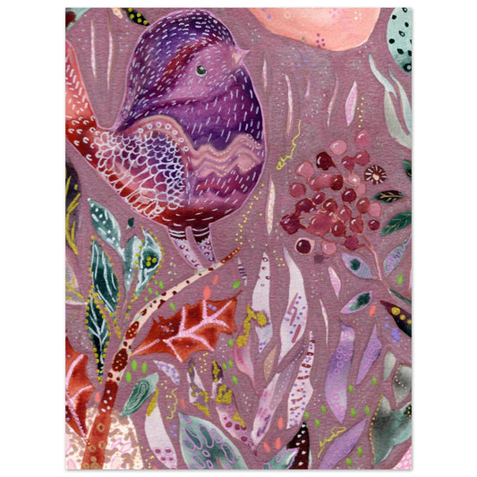 Framed whimsical purple bird in enchanted botanical garden — detailed mixed media fine art print for nursery, therapy office or calming bedroom wall art