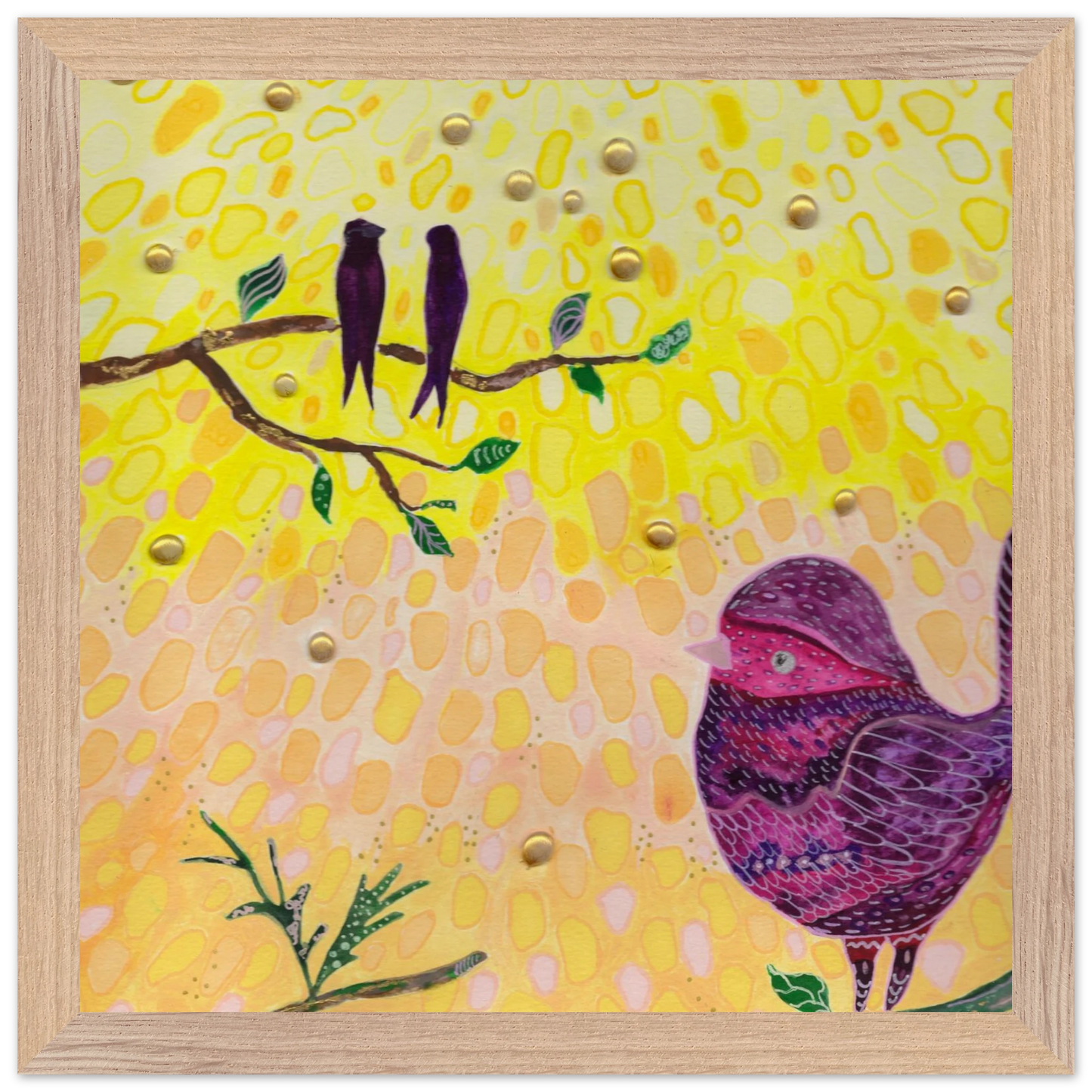 Whimsical bird art print in warm golden and pink tones — calming wall art for nursery, playroom or therapy office