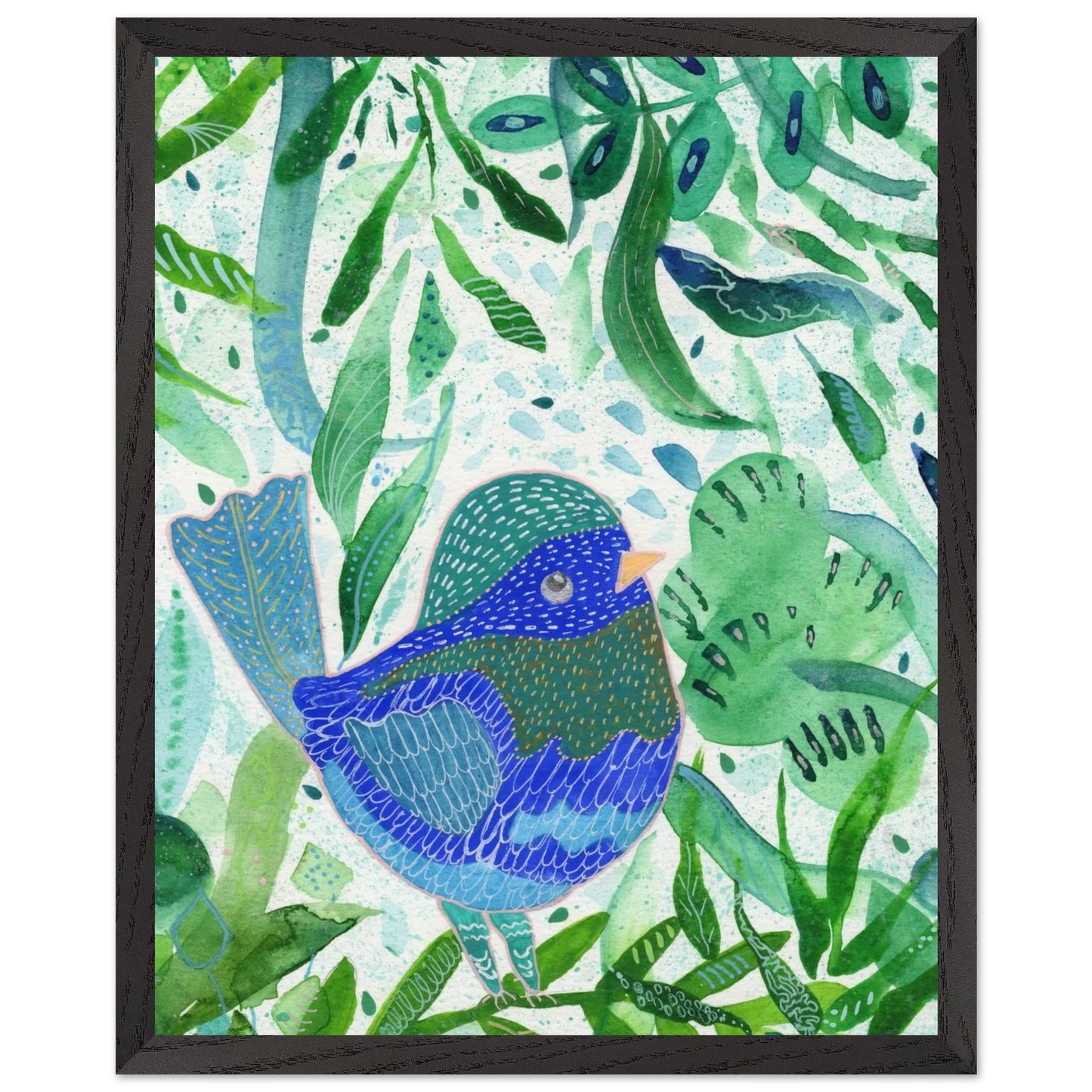 Blue bird among green botanical leaves — nature-inspired fine art print for nursery, therapy office or calming bedroom wall art