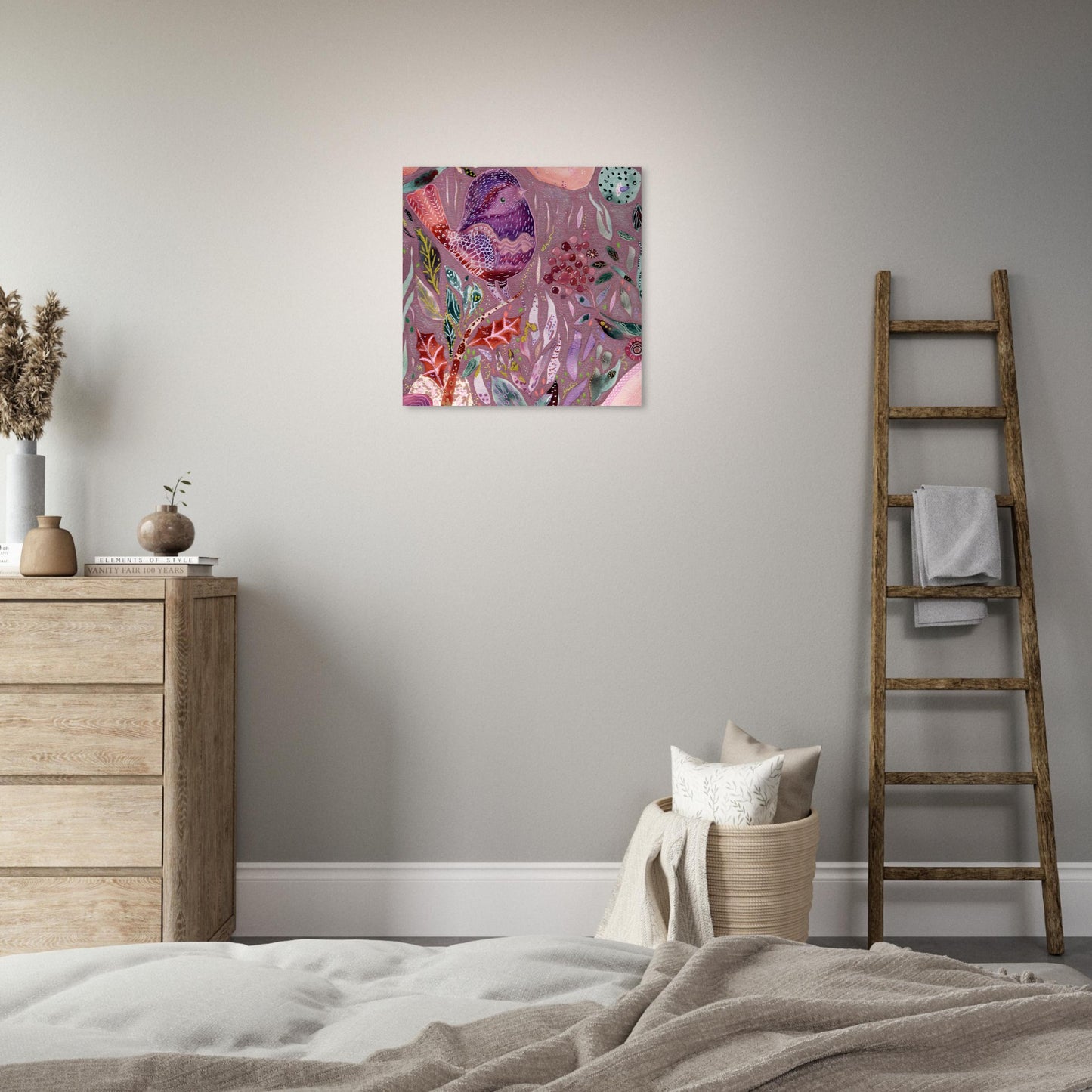 Framed whimsical purple bird in enchanted botanical garden — detailed mixed media fine art print for nursery, therapy office or calming bedroom wall art