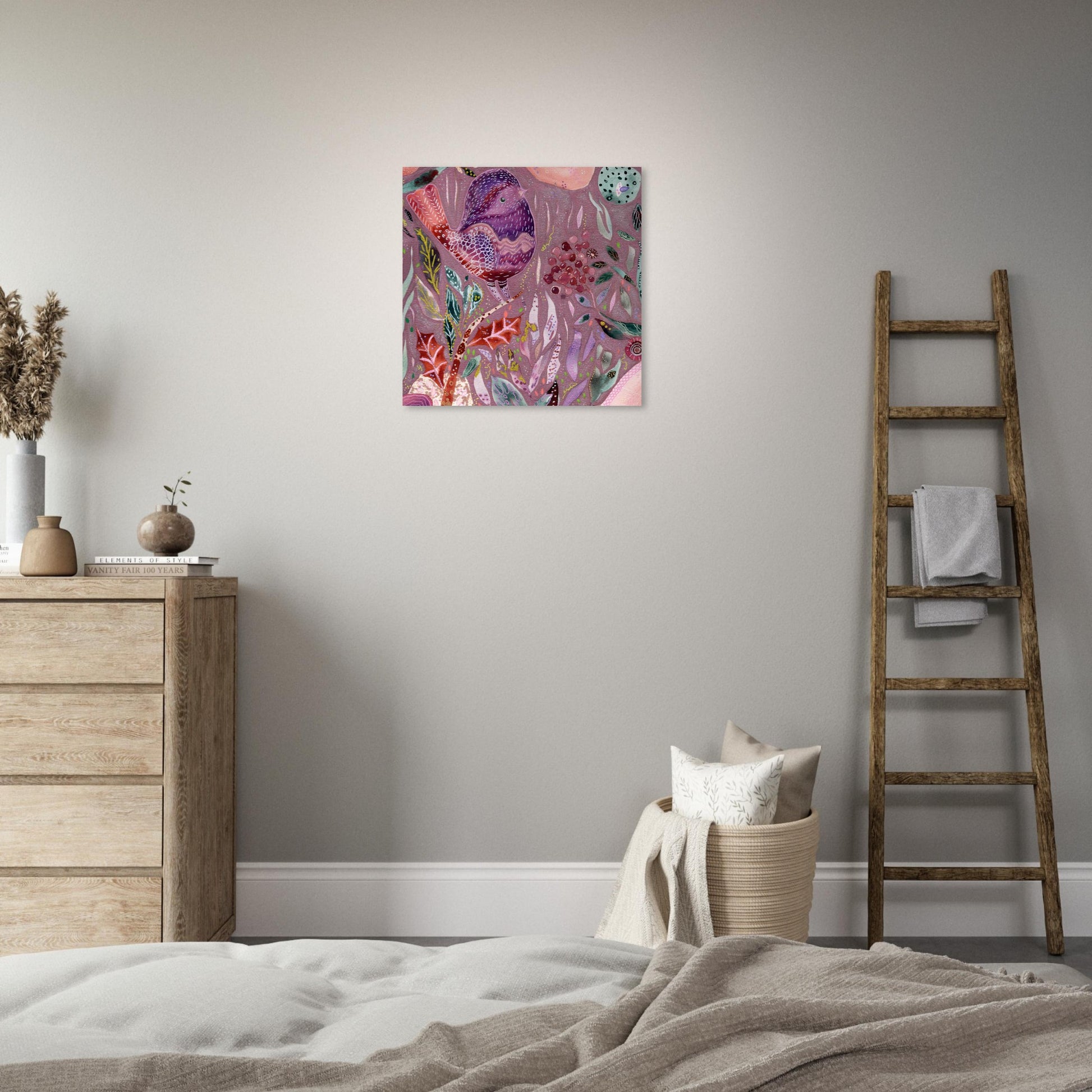 Framed whimsical purple bird in enchanted botanical garden — detailed mixed media fine art print for nursery, therapy office or calming bedroom wall art