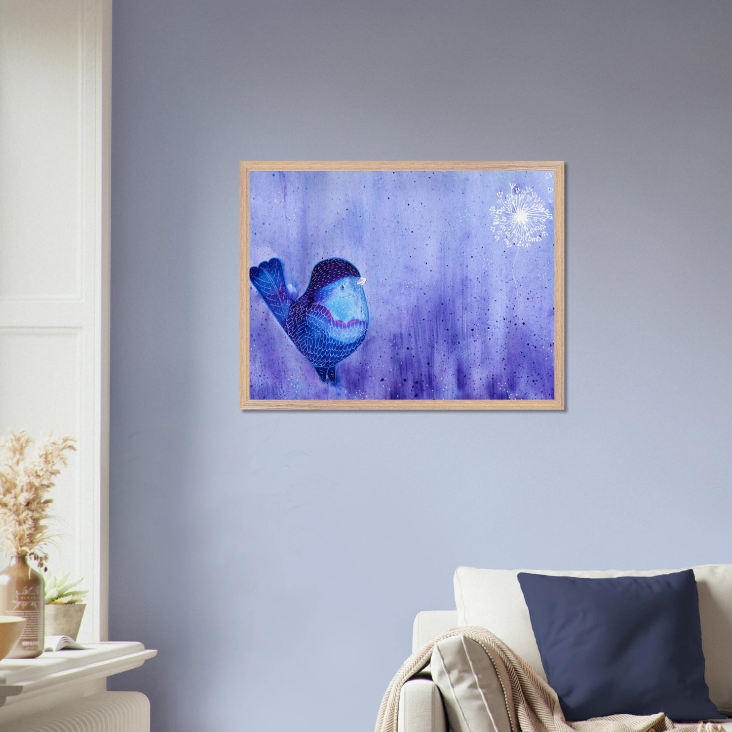 Nature-inspired fine art print featuring a delicate bird in soft botanical surroundings, created for nurseries, calming interiors, and meaningful gifting.
