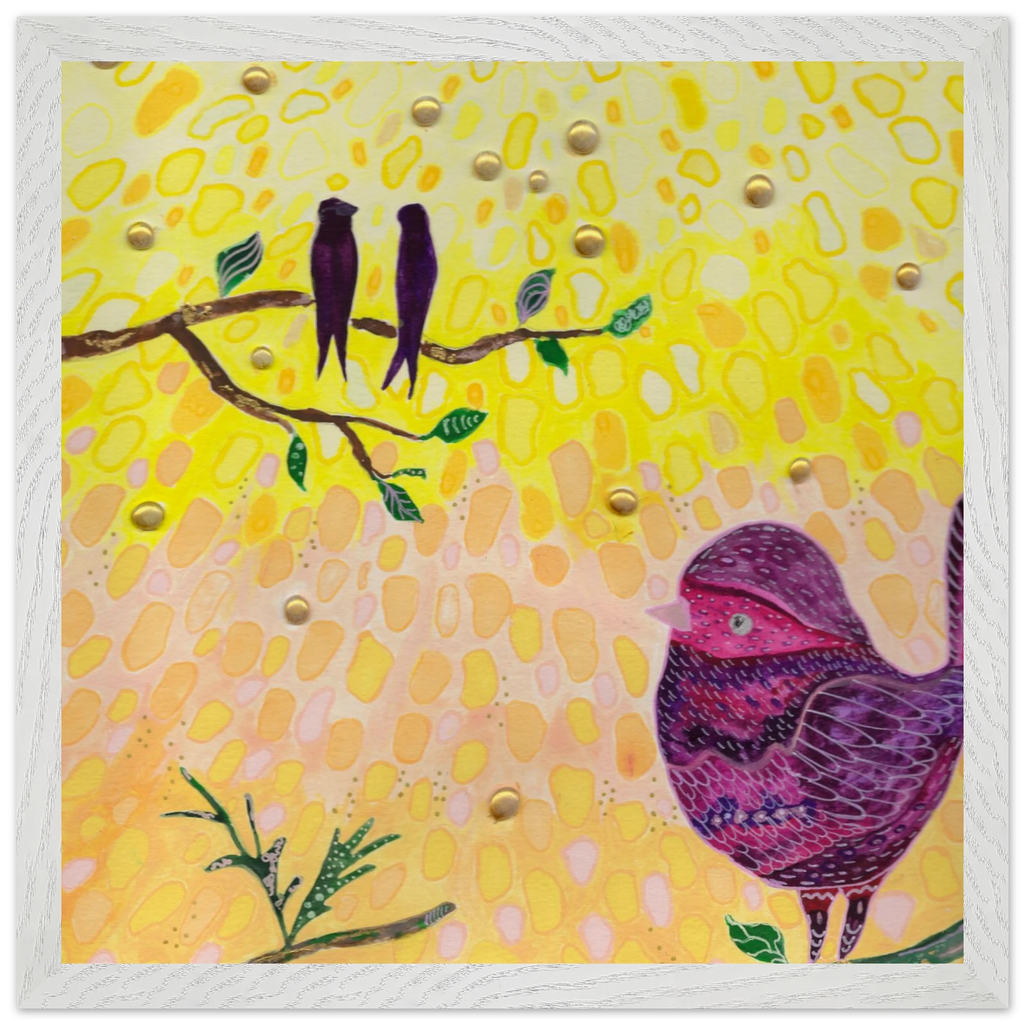 Whimsical bird art print in warm golden and pink tones — calming wall art for nursery, playroom or therapy office