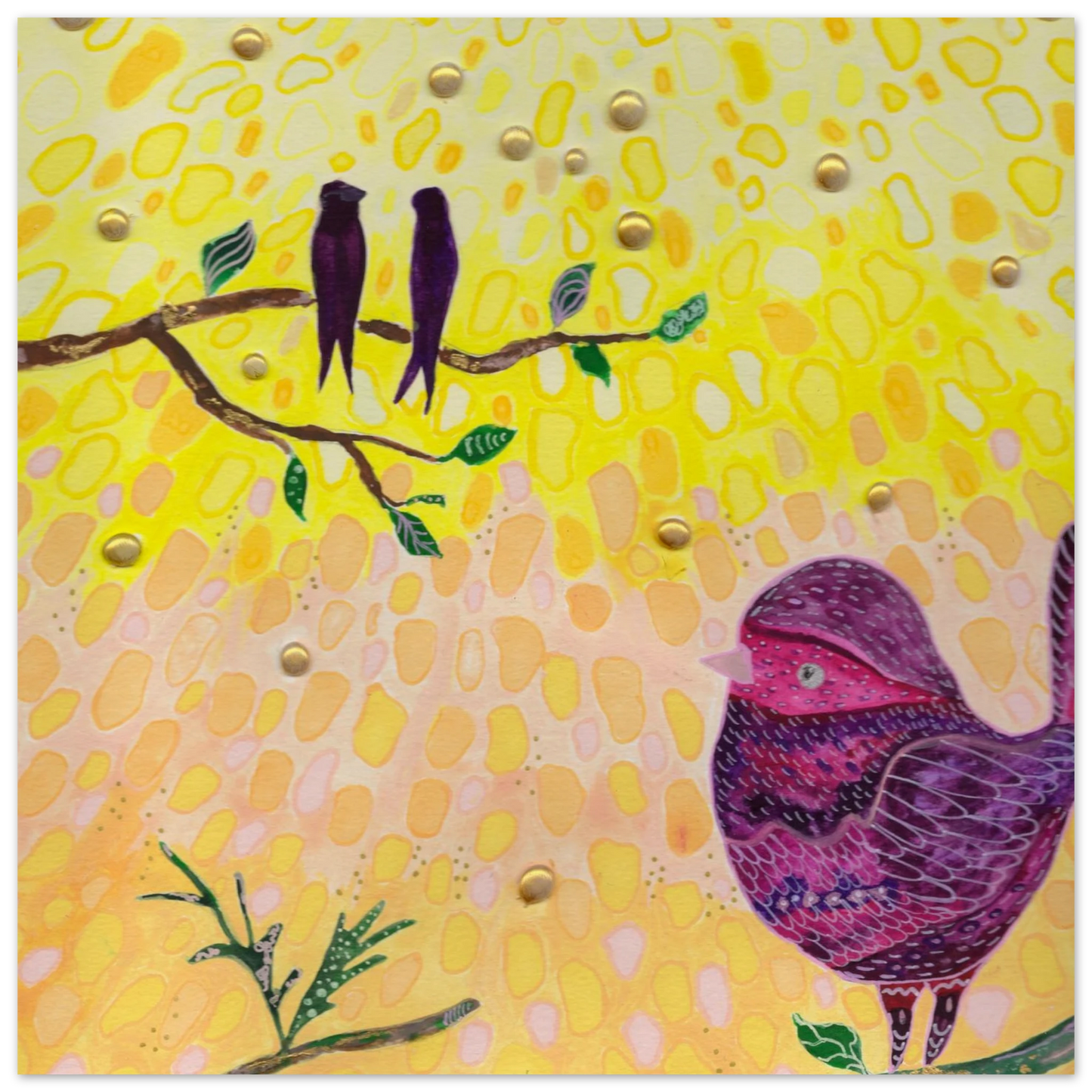 Whimsical bird art print in warm golden and pink tones — calming wall art for nursery, playroom or therapy office