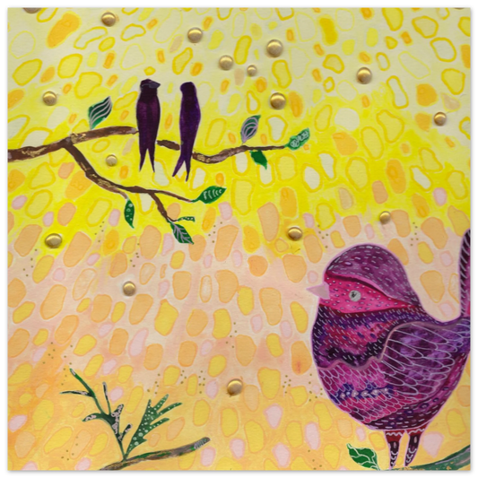 Whimsical bird art print in warm golden and pink tones — calming wall art for nursery, playroom or therapy office