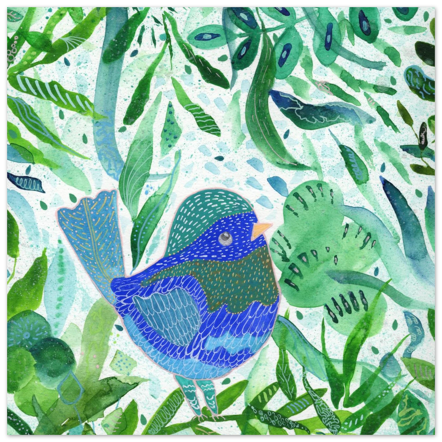 Blue bird among green botanical leaves — nature-inspired fine art print for nursery, therapy office or calming bedroom wall art