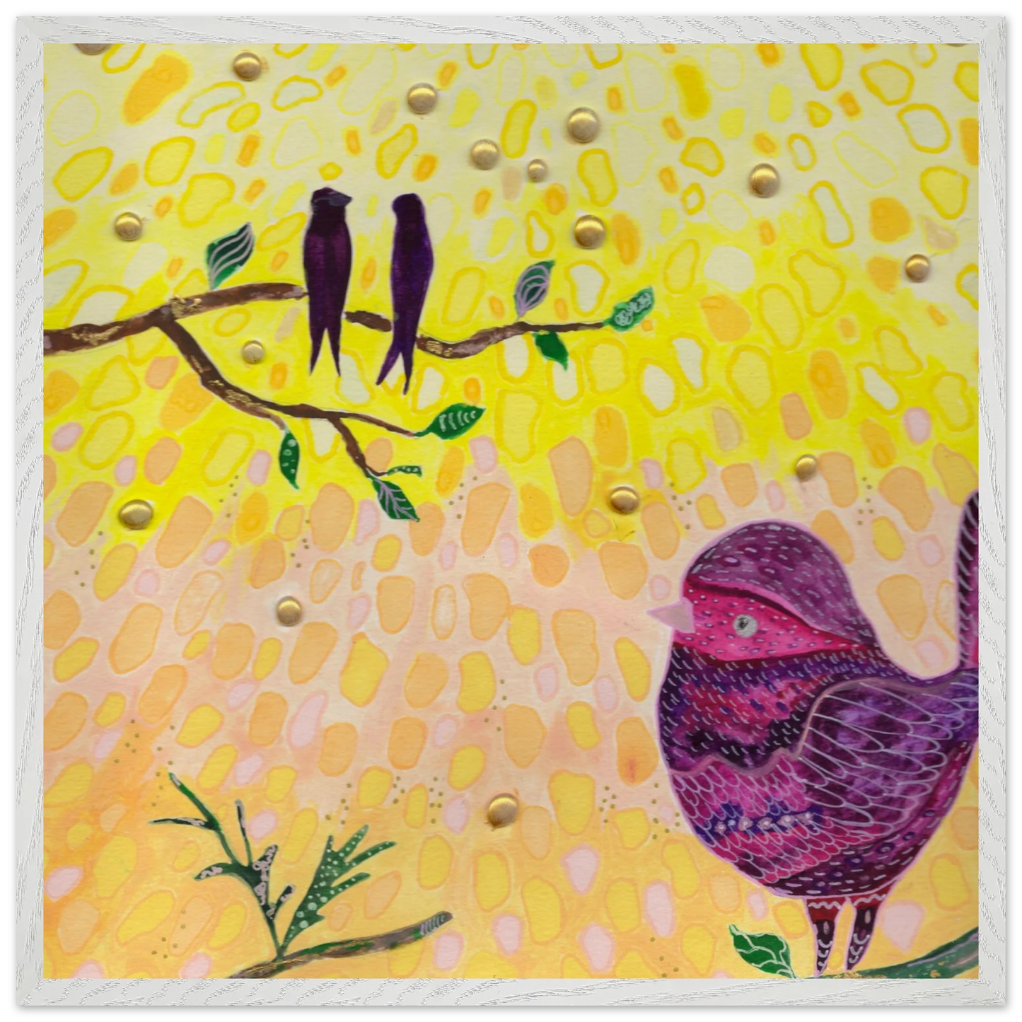 Whimsical bird art print in warm golden and pink tones — calming wall art for nursery, playroom or therapy office