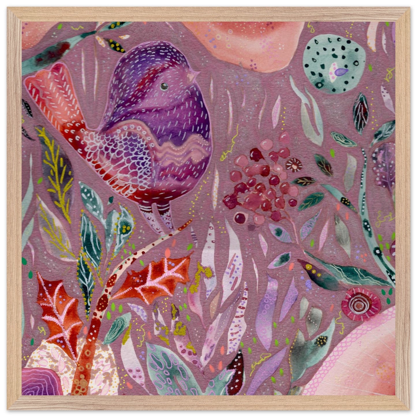 Framed whimsical purple bird in enchanted botanical garden — detailed mixed media fine art print for nursery, therapy office or calming bedroom wall art
