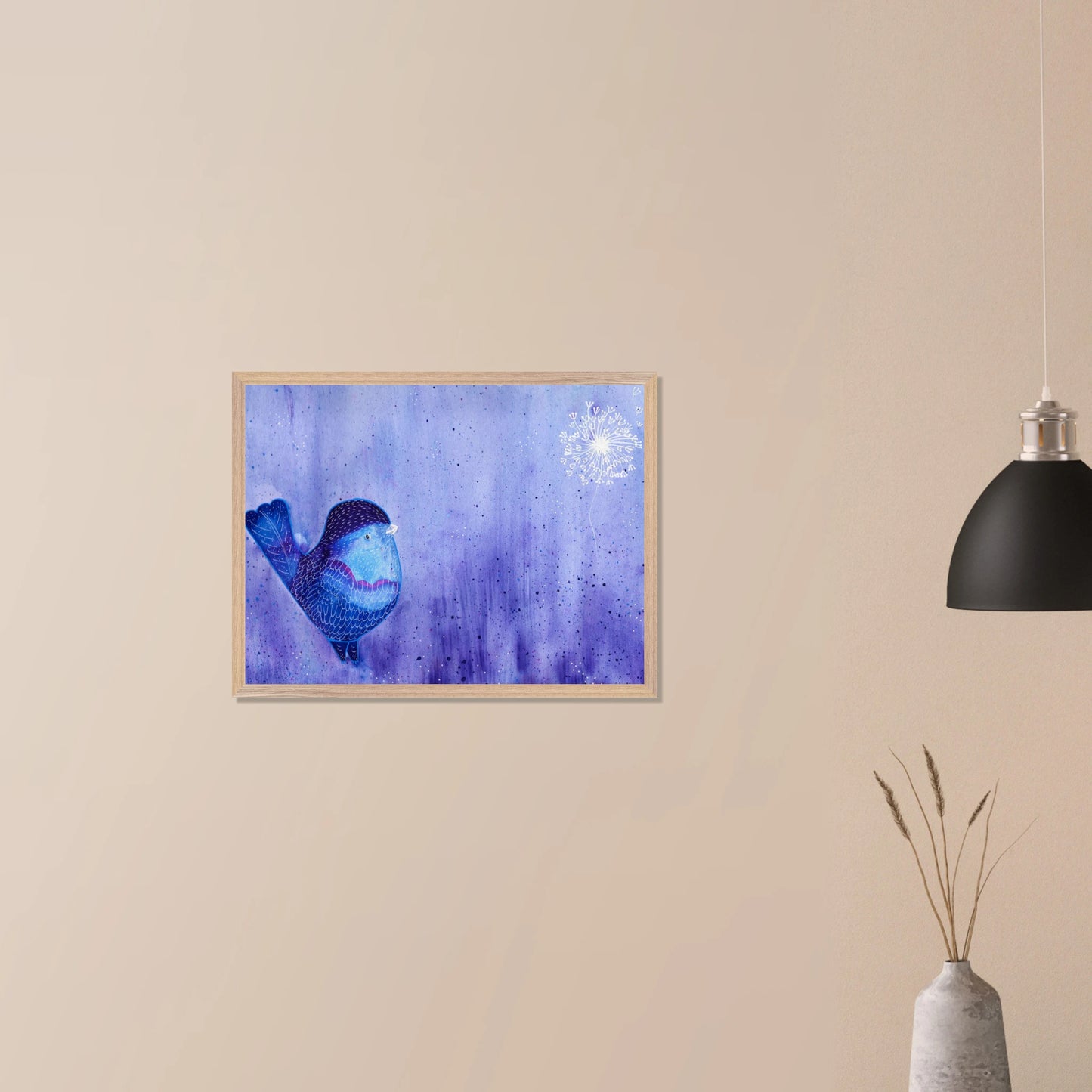 Nature-inspired fine art print featuring a delicate bird in soft botanical surroundings,  calming interiors, and meaningful gifting.