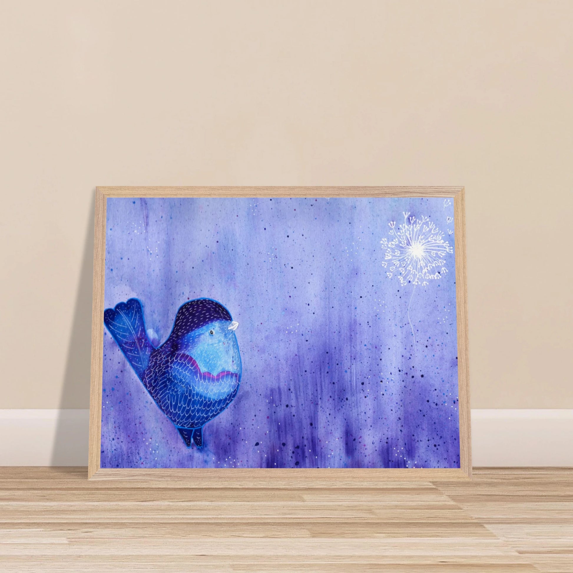 Nature-inspired fine art print featuring a delicate bird in soft botanical surroundings, created for nurseries, calming interiors, and meaningful gifting.