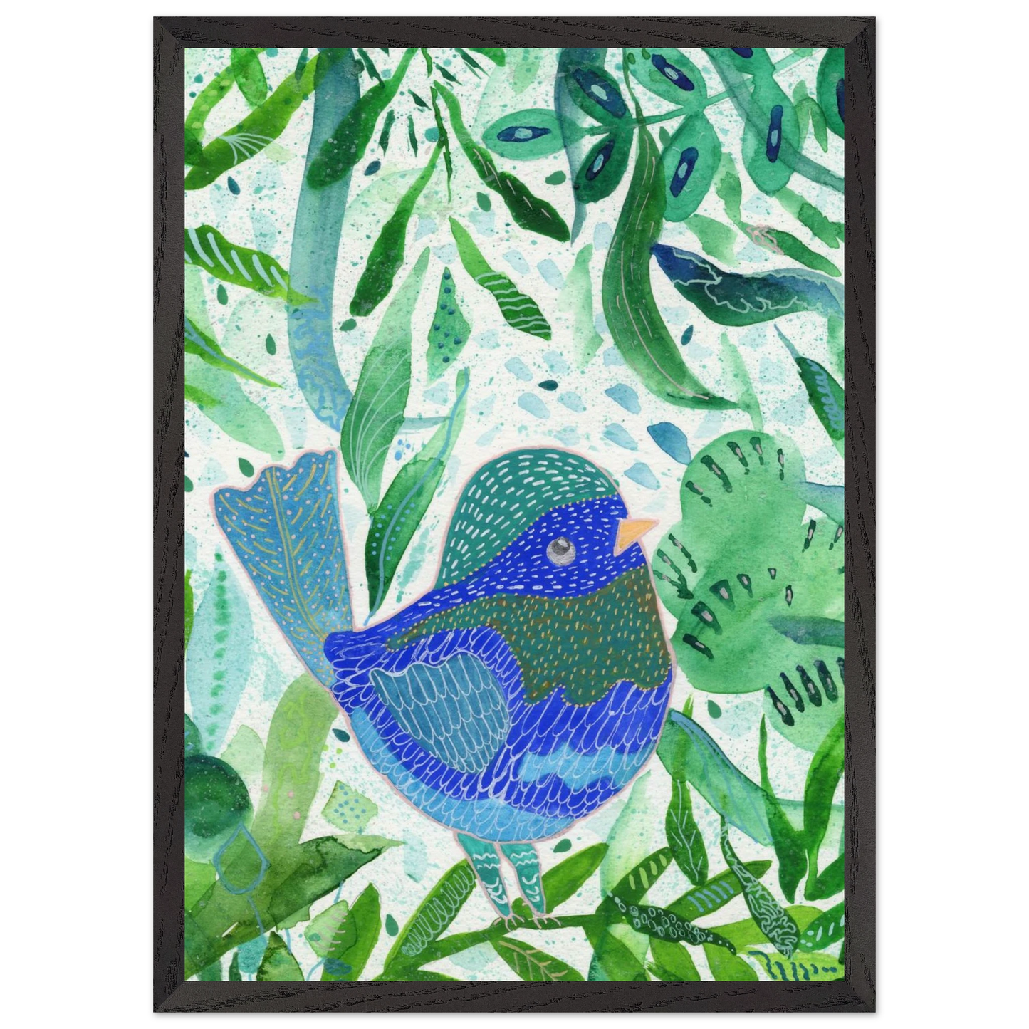 Blue bird among green botanical leaves — nature-inspired fine art print for nursery, therapy office or calming bedroom wall art