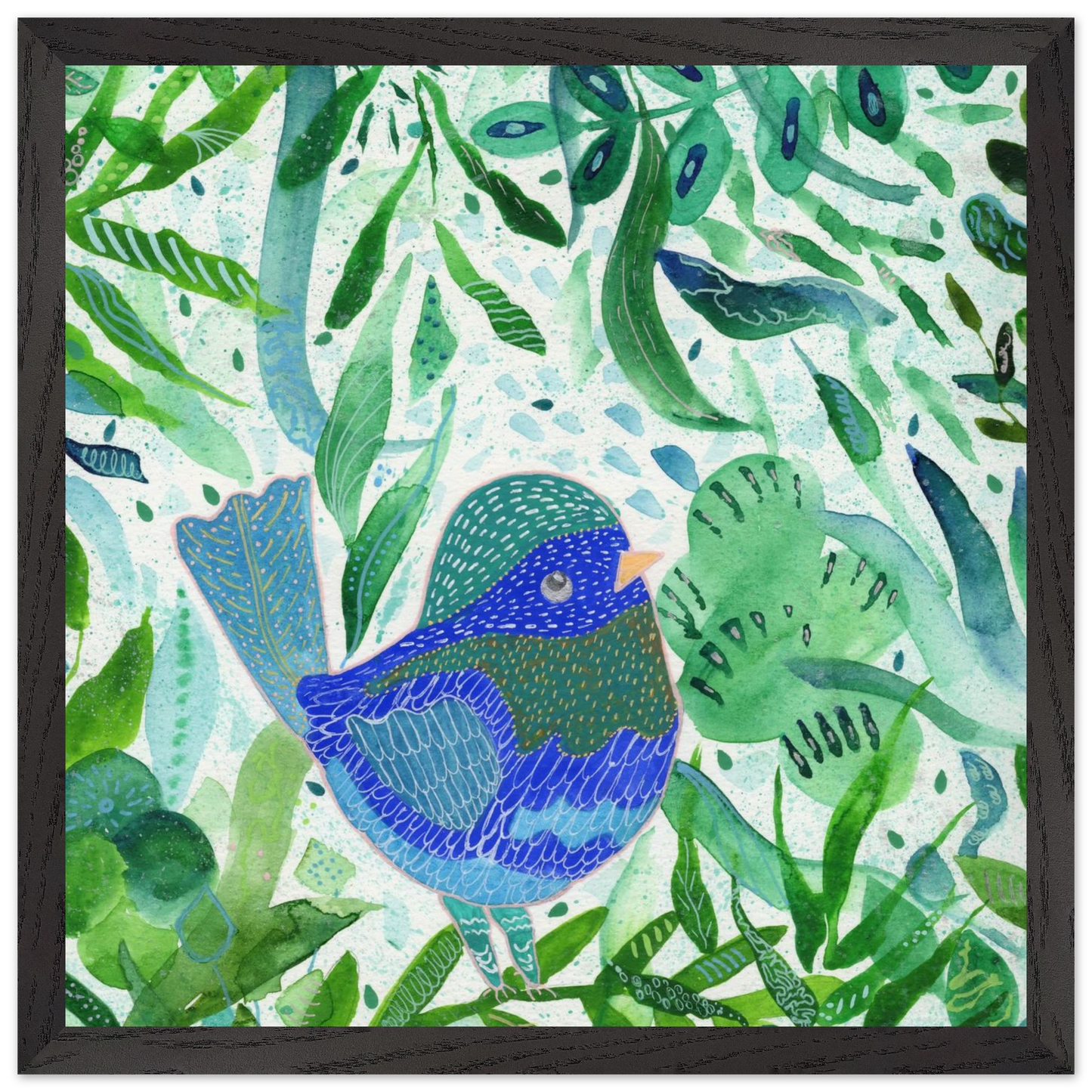 Blue bird among green botanical leaves — nature-inspired fine art print for nursery, therapy office or calming bedroom wall art