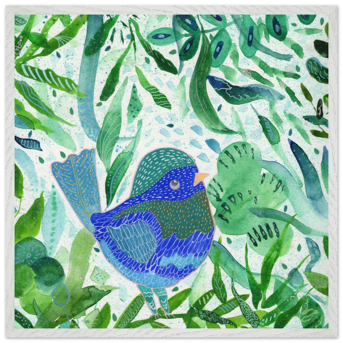Blue bird among green botanical leaves — nature-inspired fine art print for nursery, therapy office or calming bedroom wall art