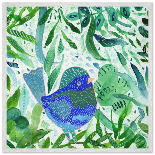 Blue bird among green botanical leaves — nature-inspired fine art print for nursery, therapy office or calming bedroom wall art
