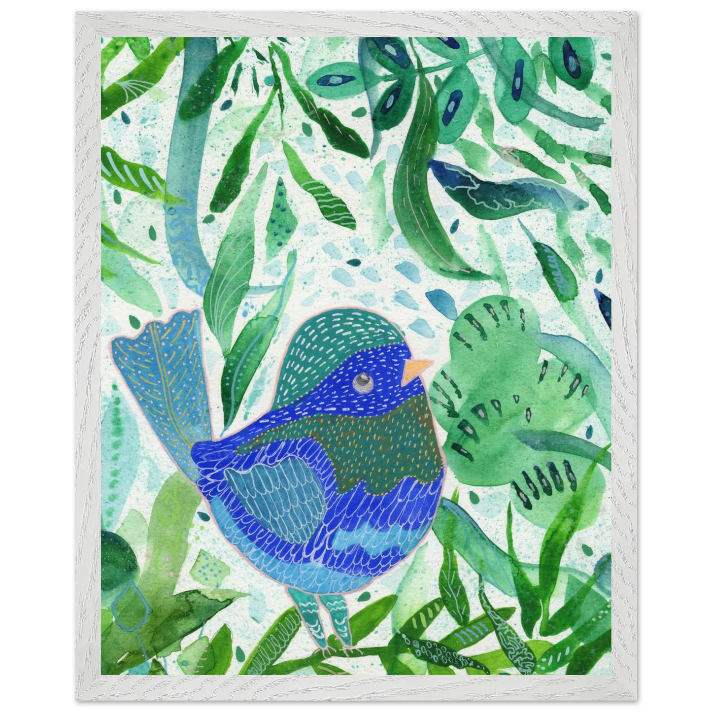 Blue bird among green botanical leaves — nature-inspired fine art print for nursery, therapy office or calming bedroom wall art