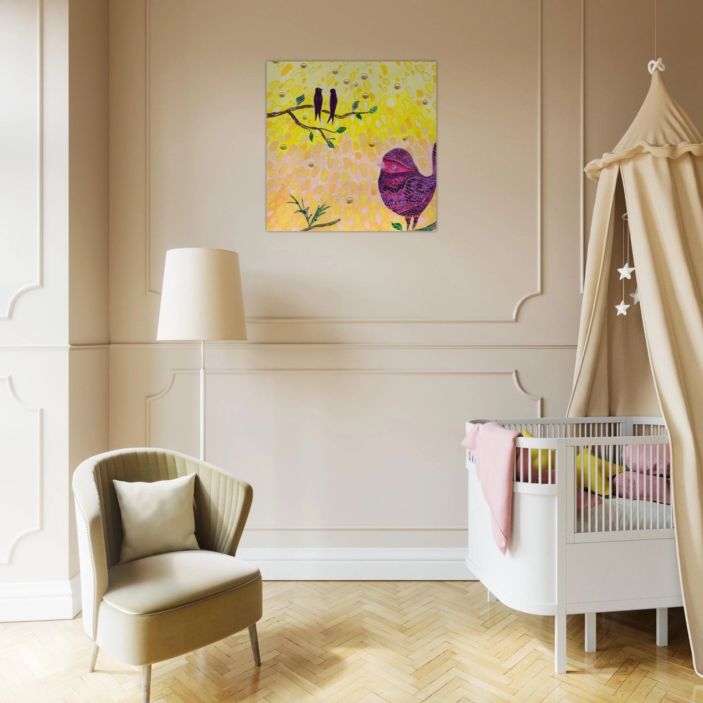 Whimsical bird art print in warm golden and pink tones — calming wall art for nursery, playroom or therapy office