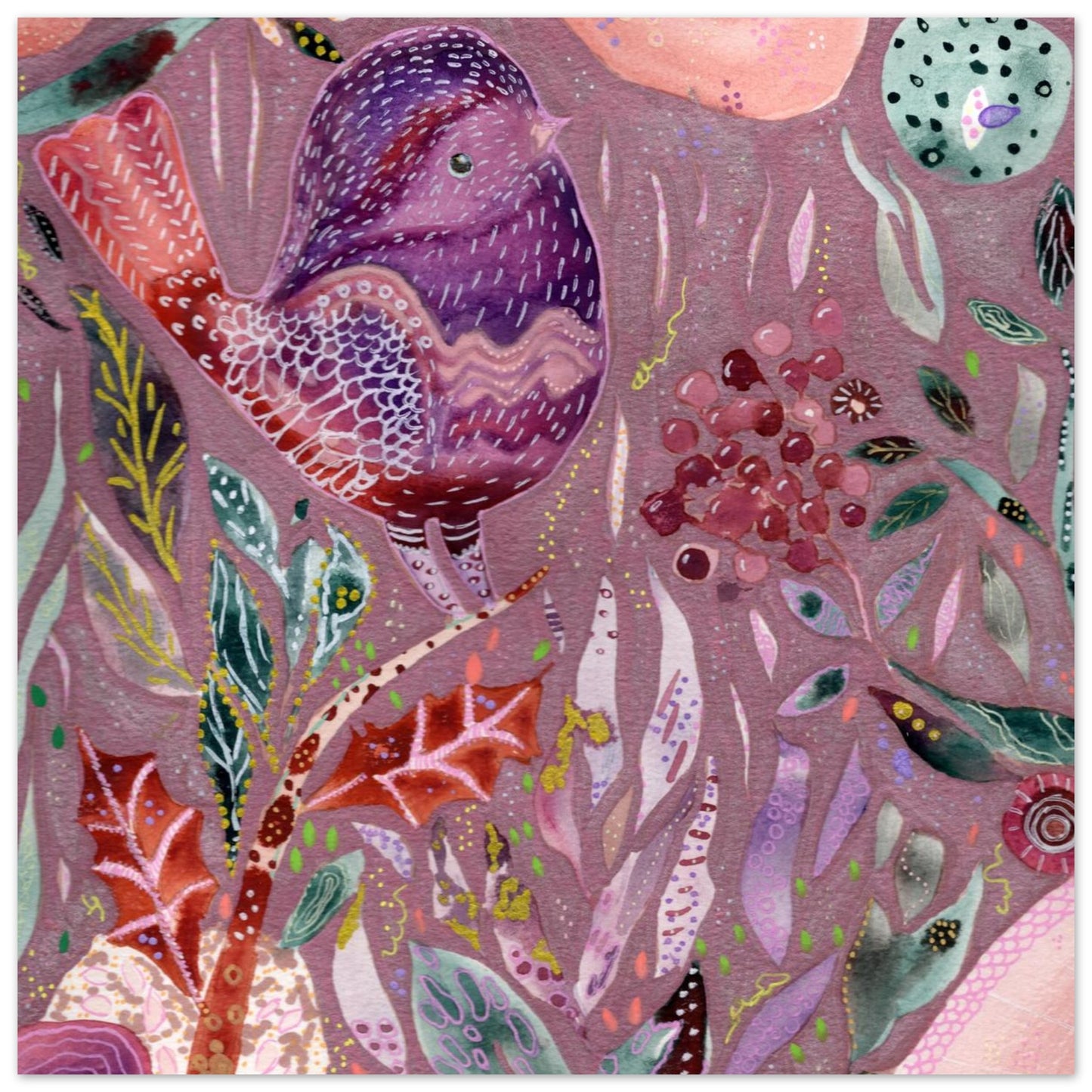 Whimsical purple bird in enchanted botanical garden — detailed mixed media fine art print for nursery, therapy office or calming bedroom wall art
