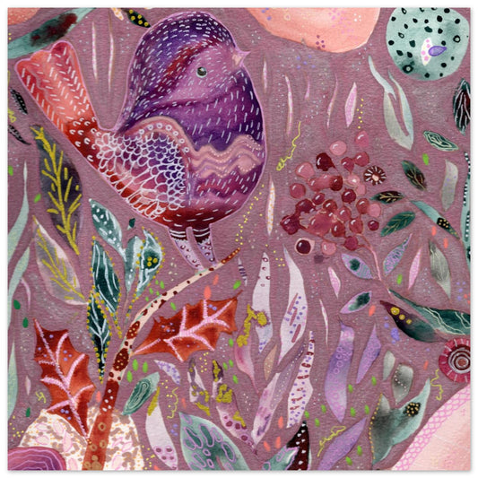Whimsical purple bird in enchanted botanical garden — detailed mixed media fine art print for nursery, therapy office or calming bedroom wall art
