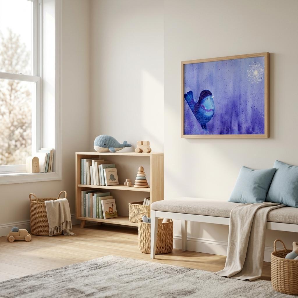 Nature-inspired fine art print featuring a delicate bird in soft botanical surroundings, created for nurseries, calming interiors, and meaningful gifting.