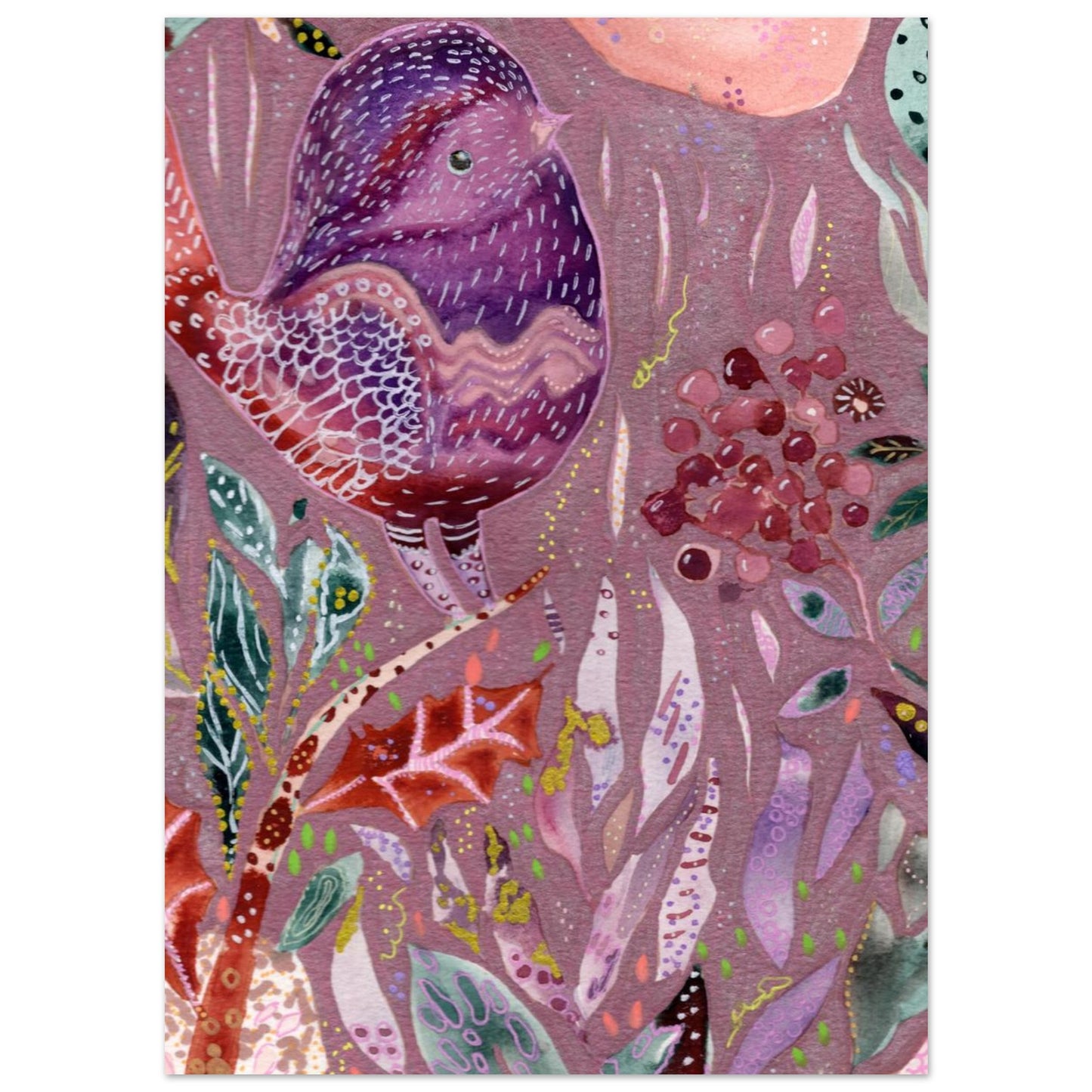 Framed whimsical purple bird in enchanted botanical garden — detailed mixed media fine art print for nursery, therapy office or calming bedroom wall art
